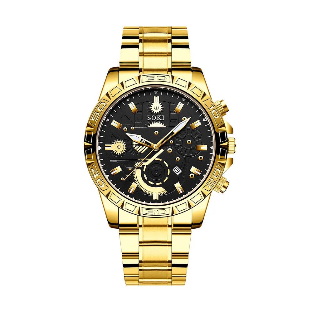 Men's gold-coloured business watch with stainless steel strap showing 10mm thickness profile