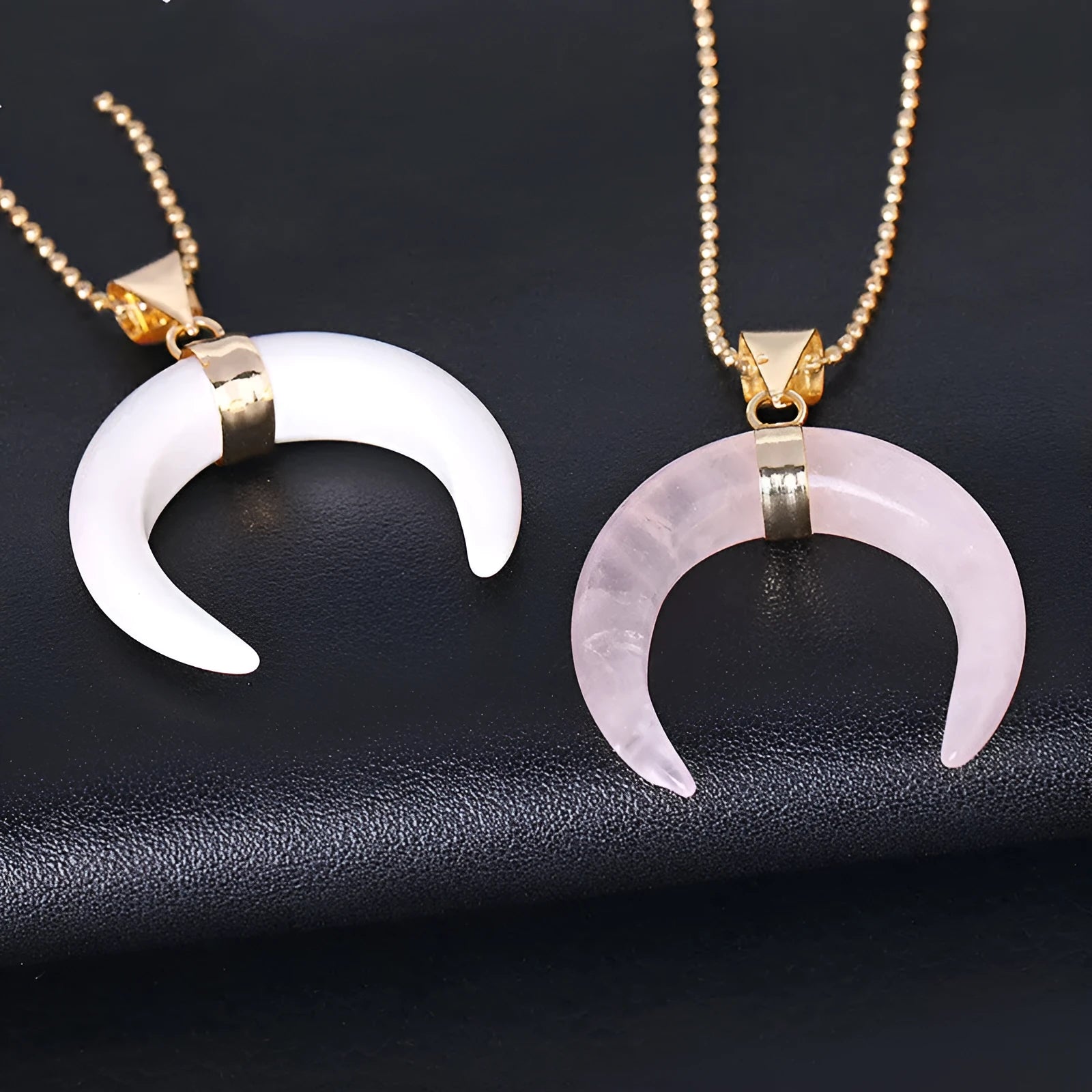 Natural stone moon pendant necklace with electroplated copper chain, adjustable 21-50cm length, pink or purple crystal option