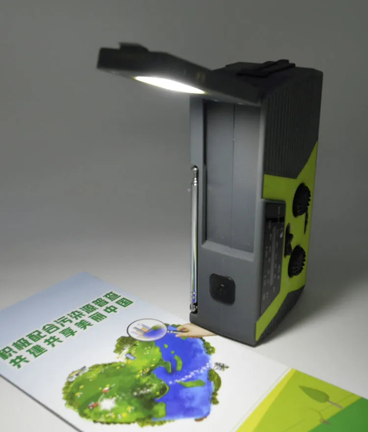 5 in 1 outdoor portable solar crank AM FM NOAA radio with LED flashlight, reading lamp, and power bank, available in green, orange, or red