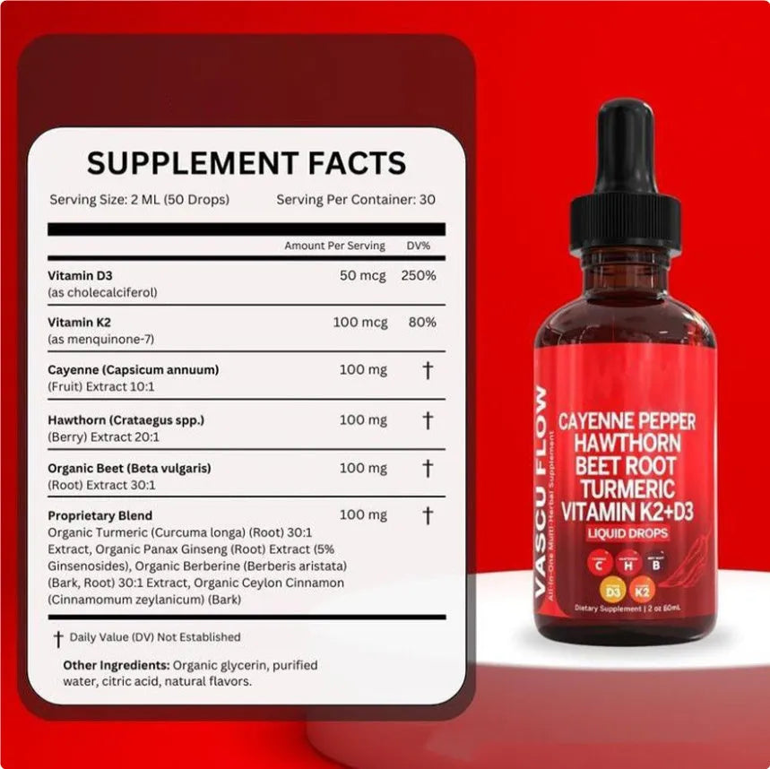 60ml glass bottle of vitamin D3 K2 hawthorn fruit liquid supplement drops with a dropper cap.