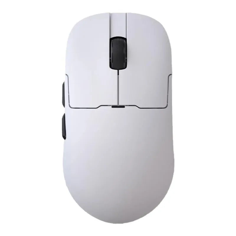 AJ159 triple-mode gaming mouse in Yunfeng White colour on a mousepad, showing its small-medium size and sleek design.