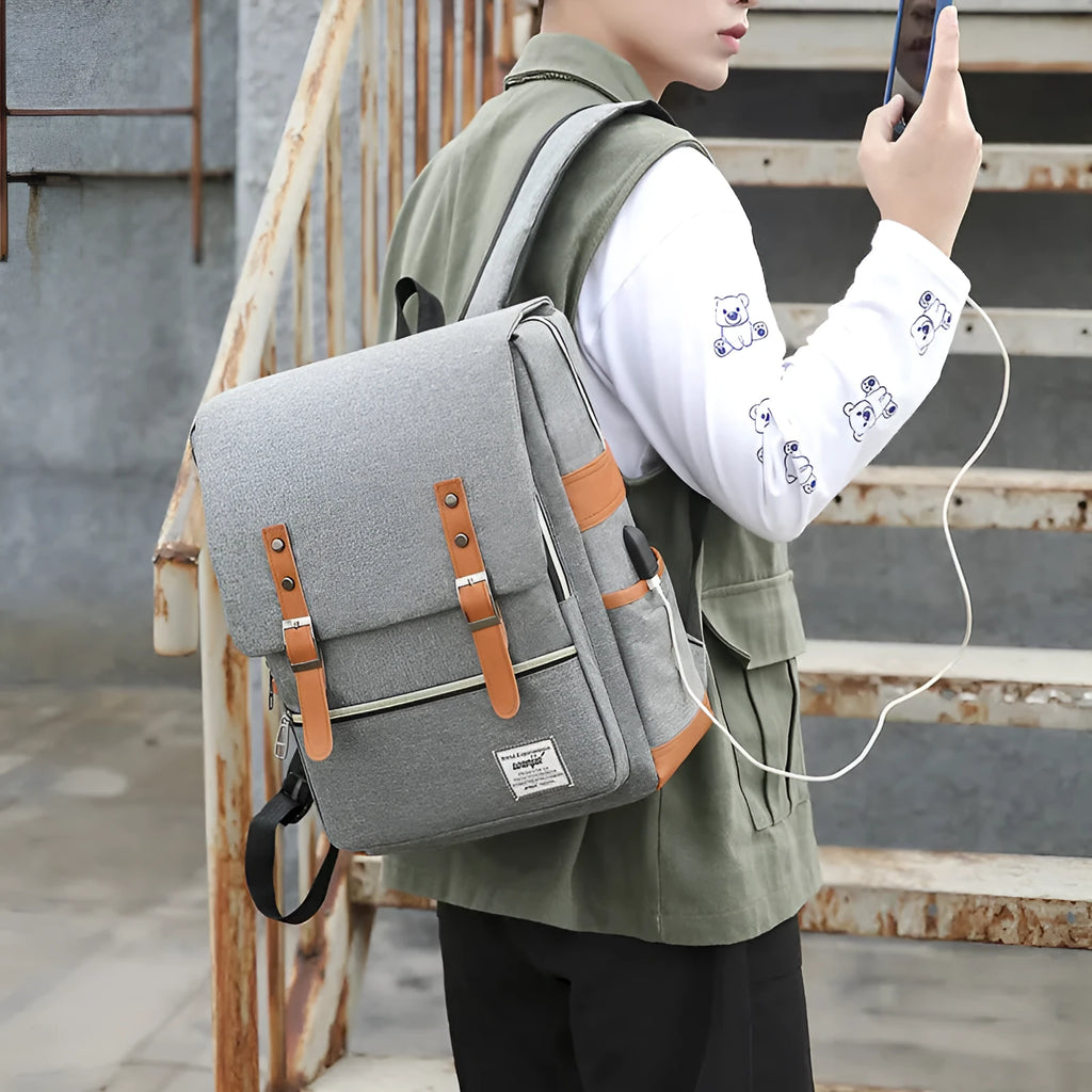 Three-piece business backpack in Oxford cloth with curved shoulder straps, shown in black colour