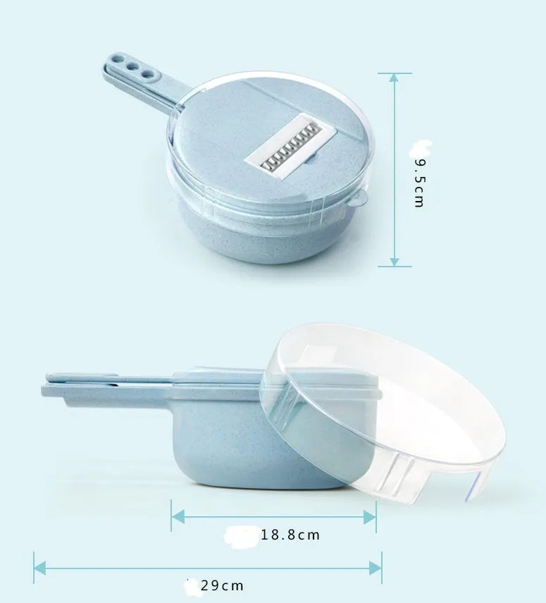 8-in-1 mandoline slicer with stainless steel blades, strainer, container, and hand protector in blue or pink.