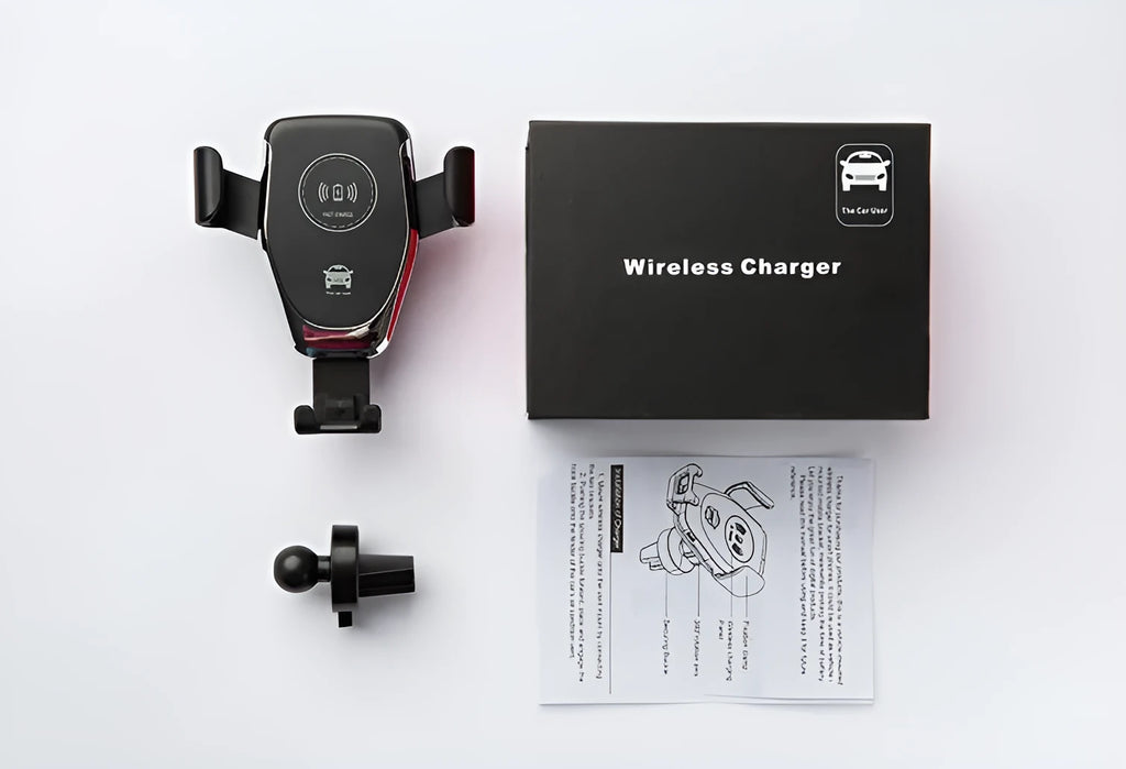 Black car wireless charger for iPhone mounted on a car vent with phone secured in automatic gravity clamp.
