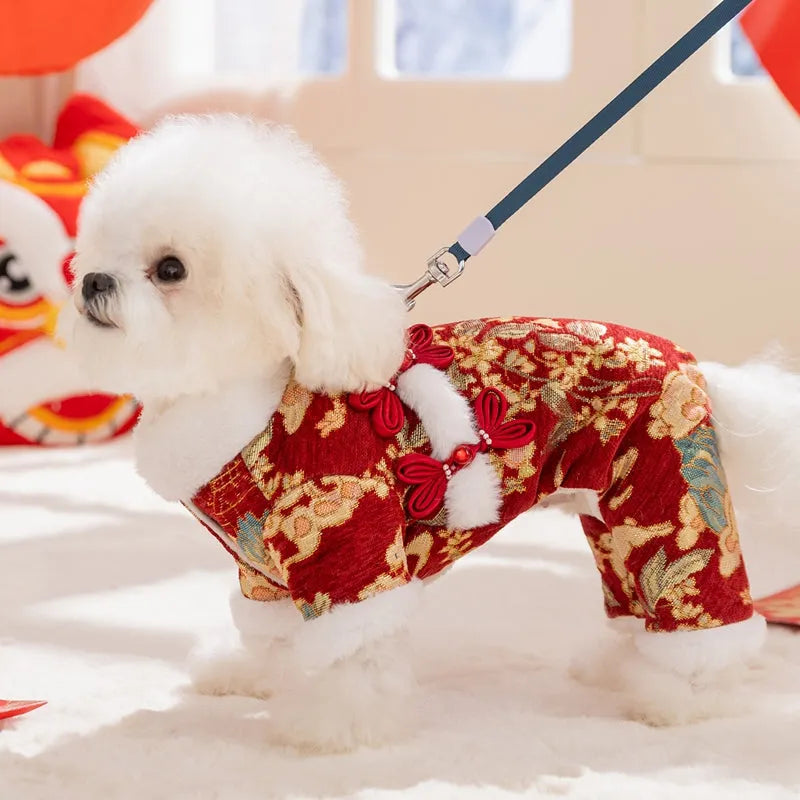 Lunar New Year brocade pet jumpsuit with faux fur trim, Chinese knot buttons and floral-gold motifs in red or beige.