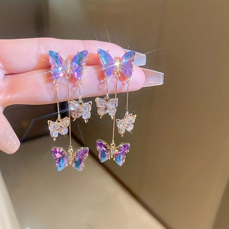 Silver needle crystal flowers butterfly tassel earrings with blue purple electroplated alloy design