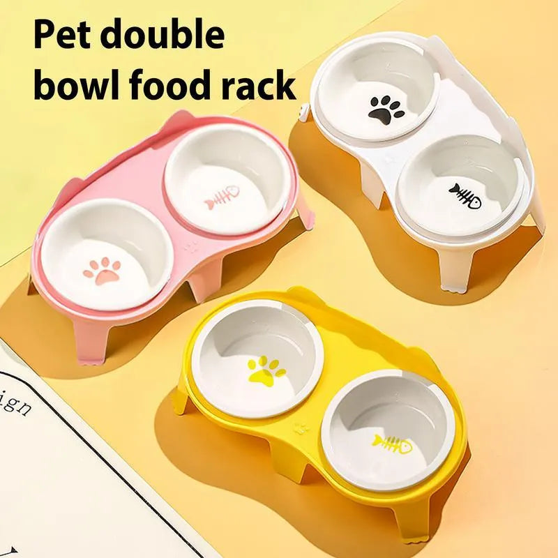 Ceramic cat food and water bowl set with elevated tilted design on ABS stand with hook