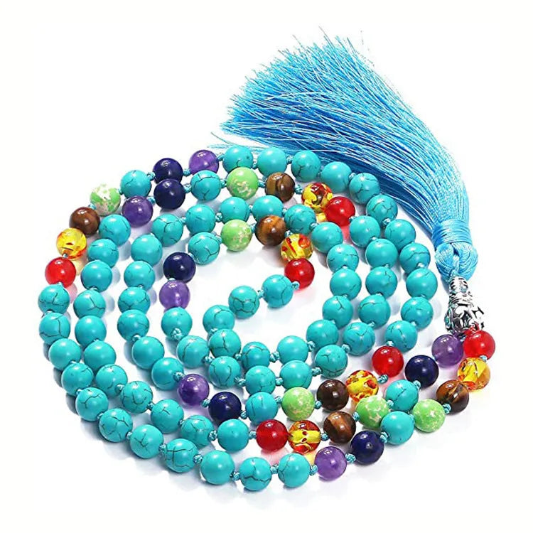 Long multi-stone agate and amethyst tassel necklace with blue pattern, geometric beads.