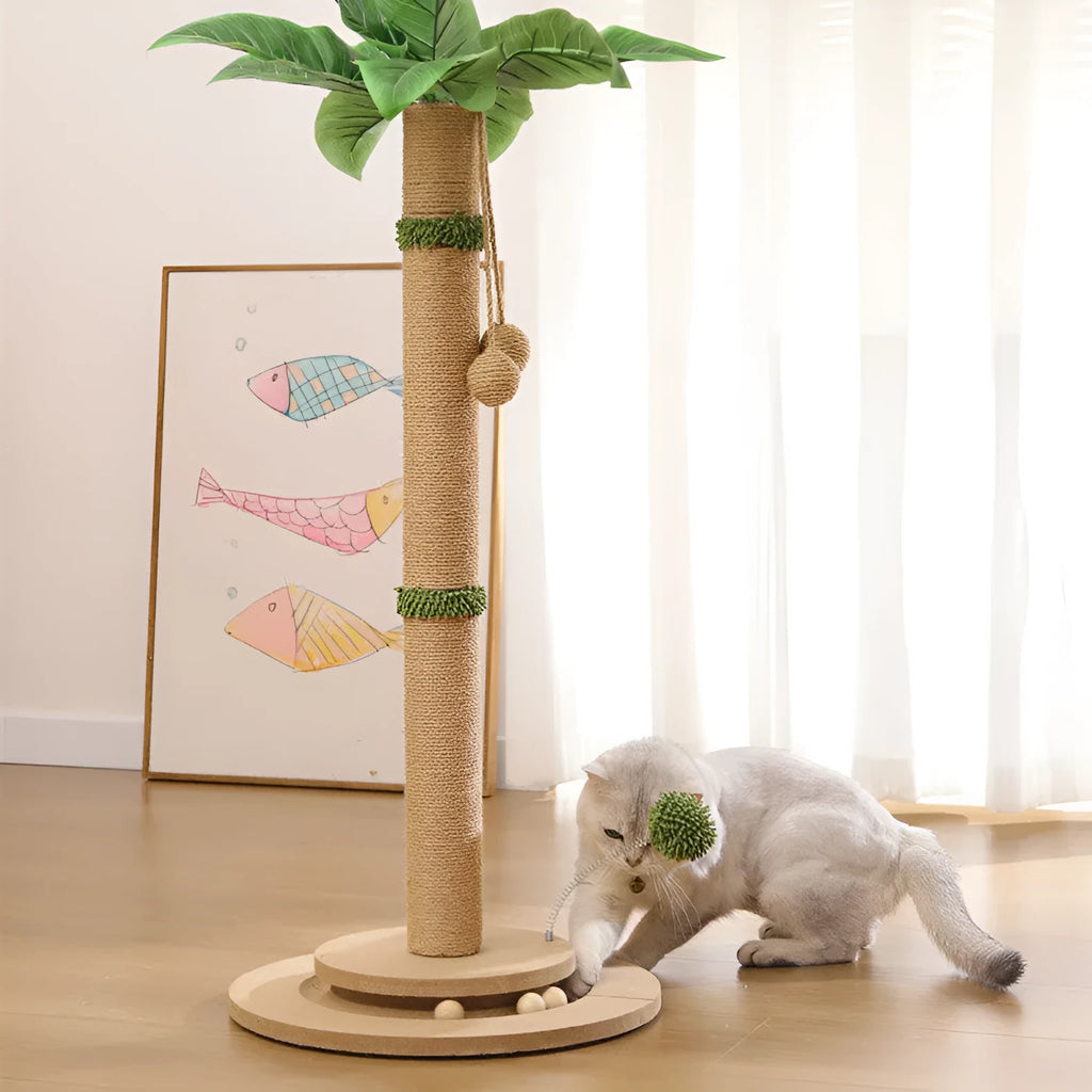 Canna coloured cat climbing frame with a chamfered hemp rope column on a density board base.
