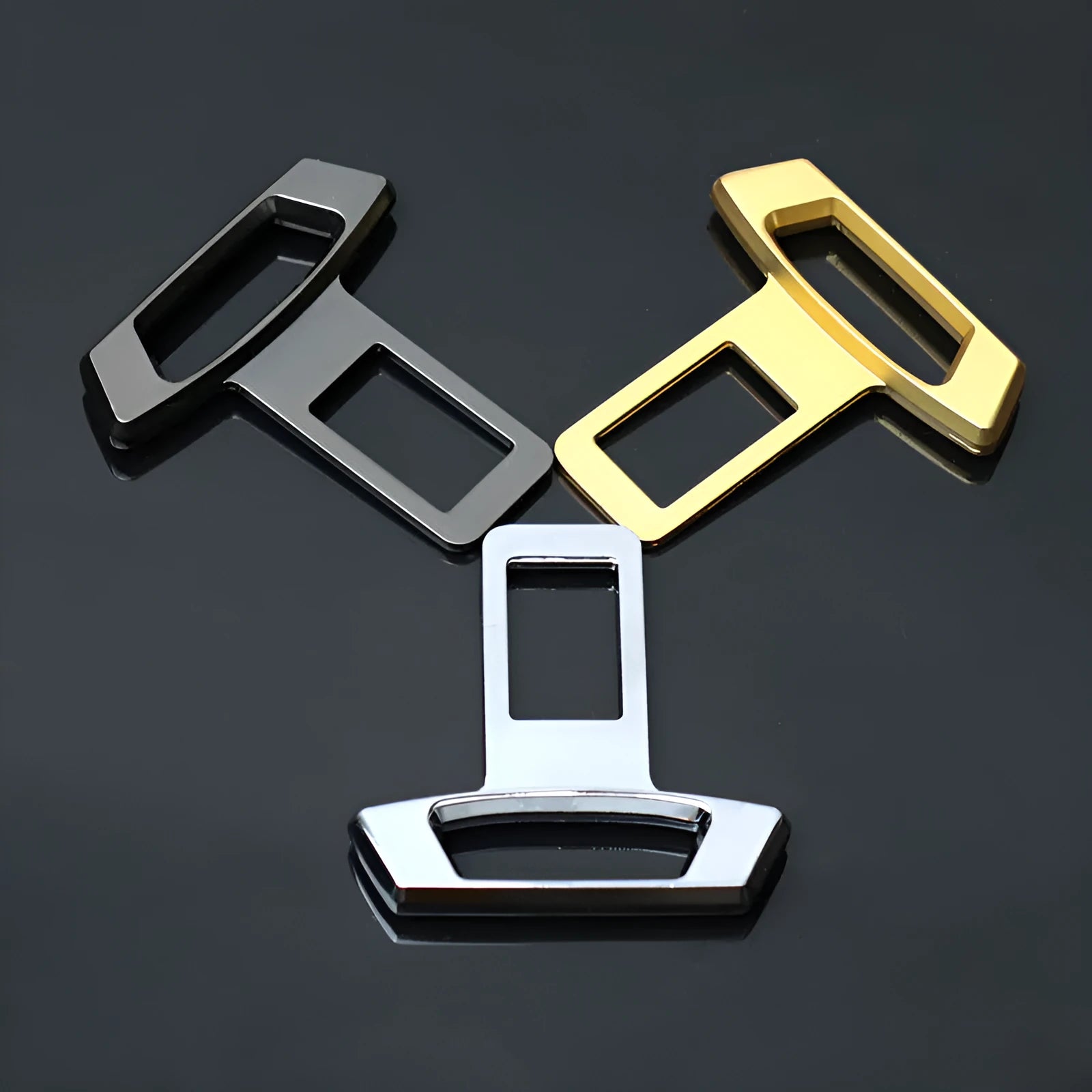 Metal dashboard air vent silencer insert shown in matte black, gold, and silver colour options.