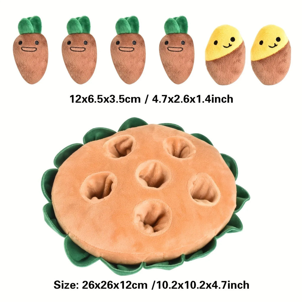 Yellow durable polyester dog foraging play pad with removable squeaky plush toys