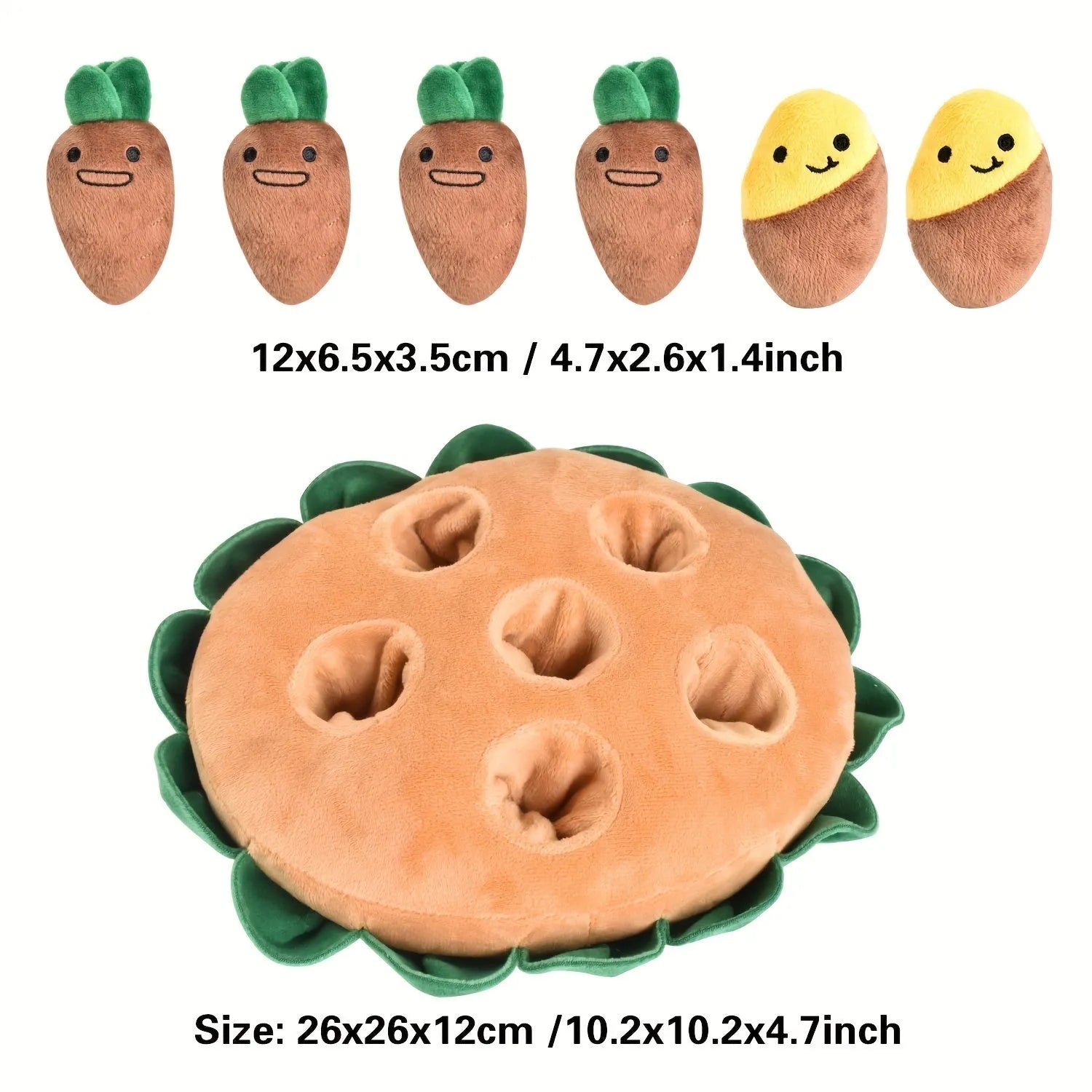 Yellow durable polyester dog foraging play pad with removable squeaky plush toys