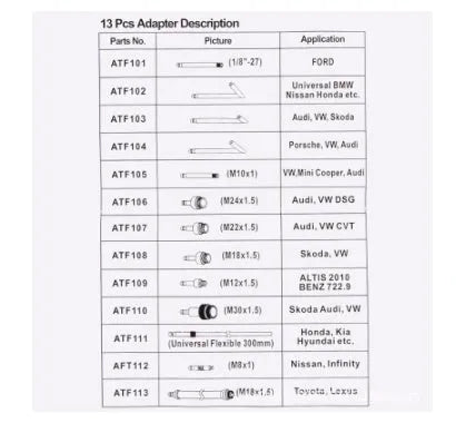 Automatic transmission oil refuelling kit with thirteen pieces and wave box connector