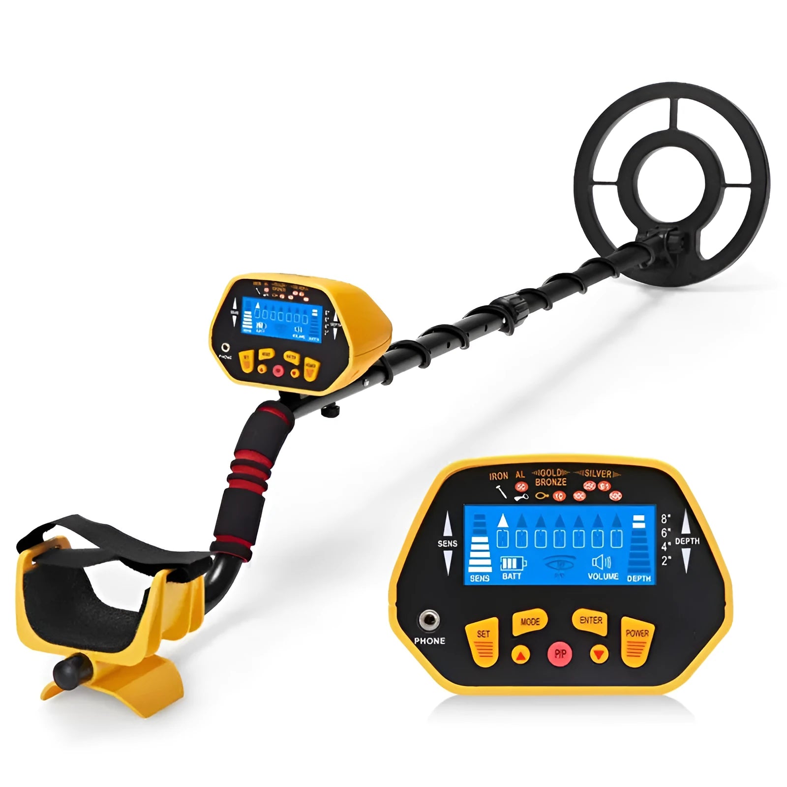 GC1028 black and yellow professional metal detector with LCD display and waterproof search coil on adjustable pole.