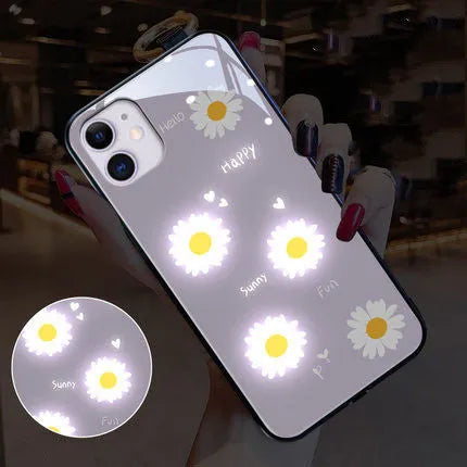 Luminous phone case with painted daisy design and voice-activated colour light for iPhones