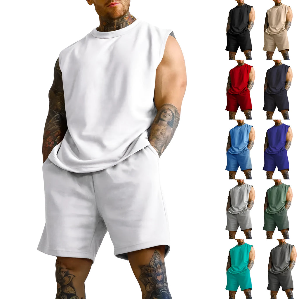 Men's sleeveless cotton blend sports top and matching casual shorts set in army green.