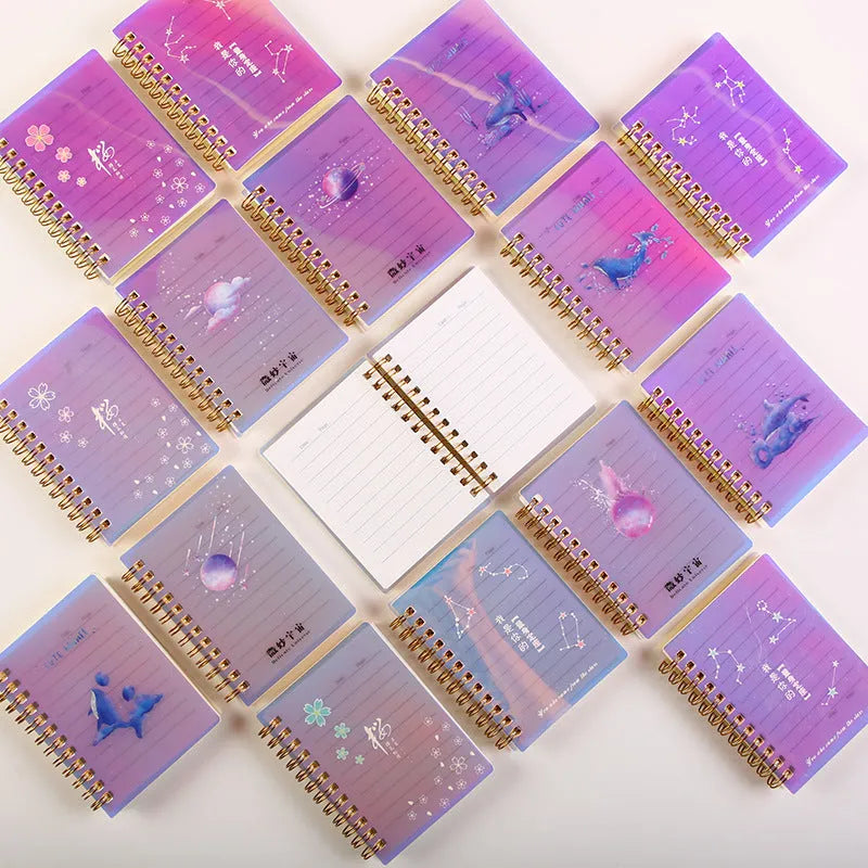 Rollover coil spiral notebook in A7 size with PP plastic cover showing Constellation design and open pages