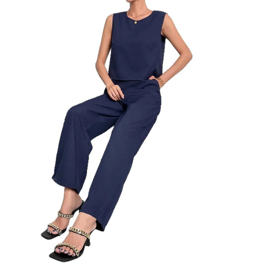 Red women's sleeveless top and wide leg trousers two-piece set on hanger