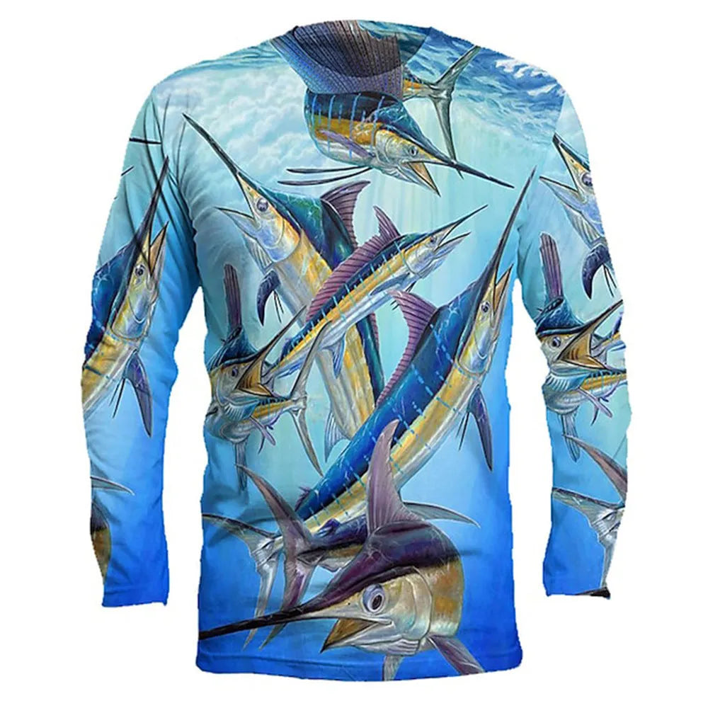 Men's fish printed long-sleeved pullover top in milk silk fabric with round neck