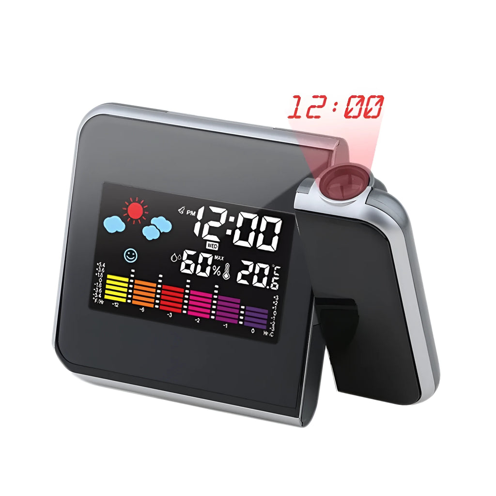 Black hard plastic digital alarm clock with projection feature and display showing time and temperature.