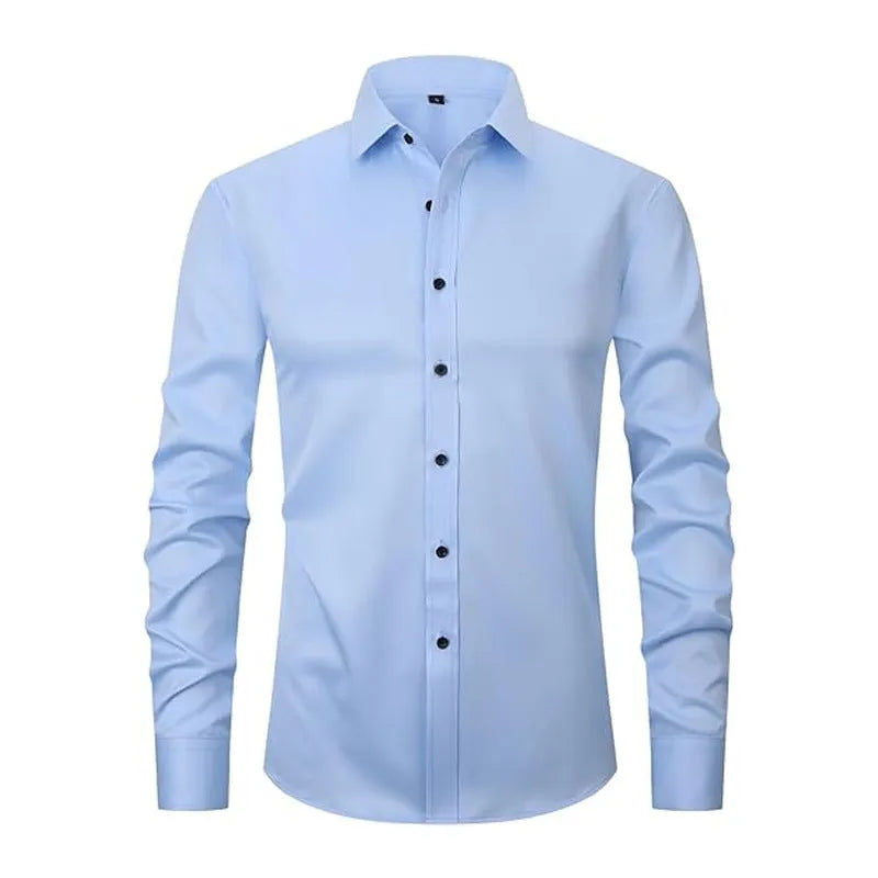 Men's long sleeve stretch work shirt in polyester fabric on a hanger