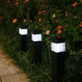 Solar lawn lamp with ground spike for garden lighting, showing cuboid shape and solar panel