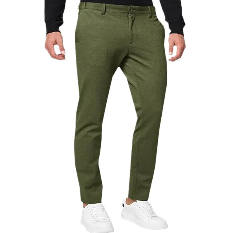 Men's slim-fit chino trousers in Army Green with tapered leg design and mid-waist construction