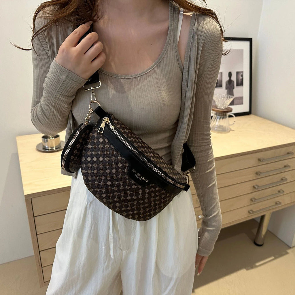 PU retro print crossbody bag with mobile phone compartment and sandwich pocket in black, brown, or coffee