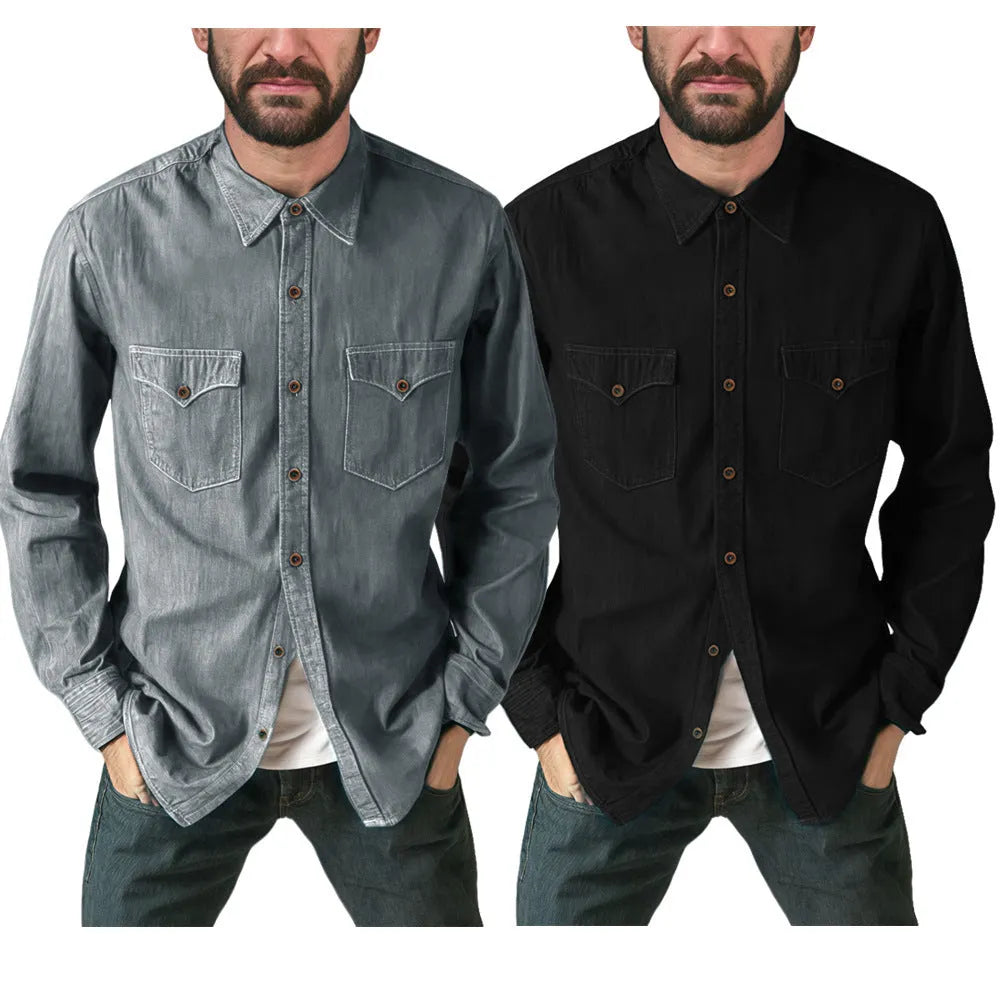 Denim cardigan coat in regular fit shown in khaki, black, blue, and grey colour options.
