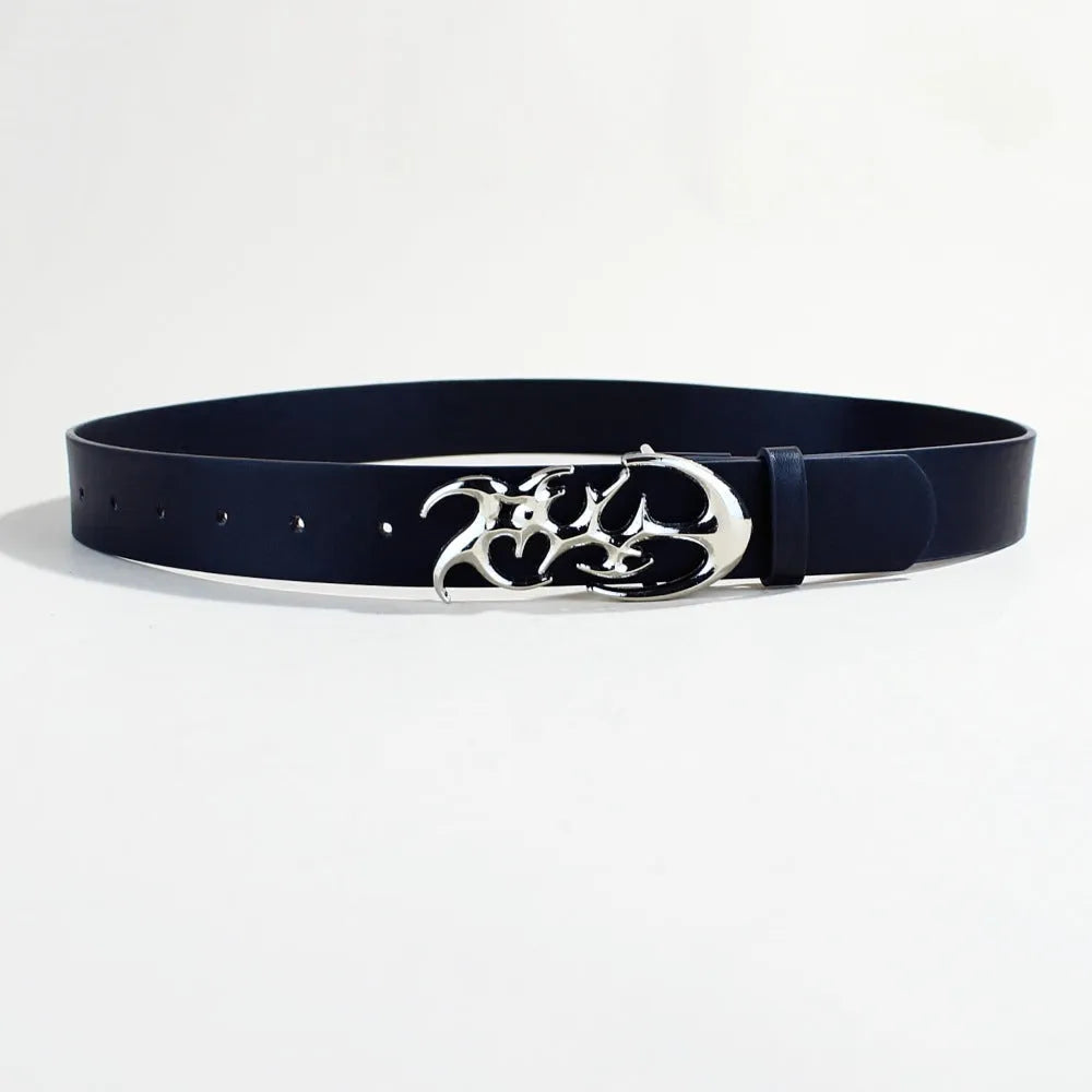 Men's silver buckle casual belt with PU leather strap and snap button closure