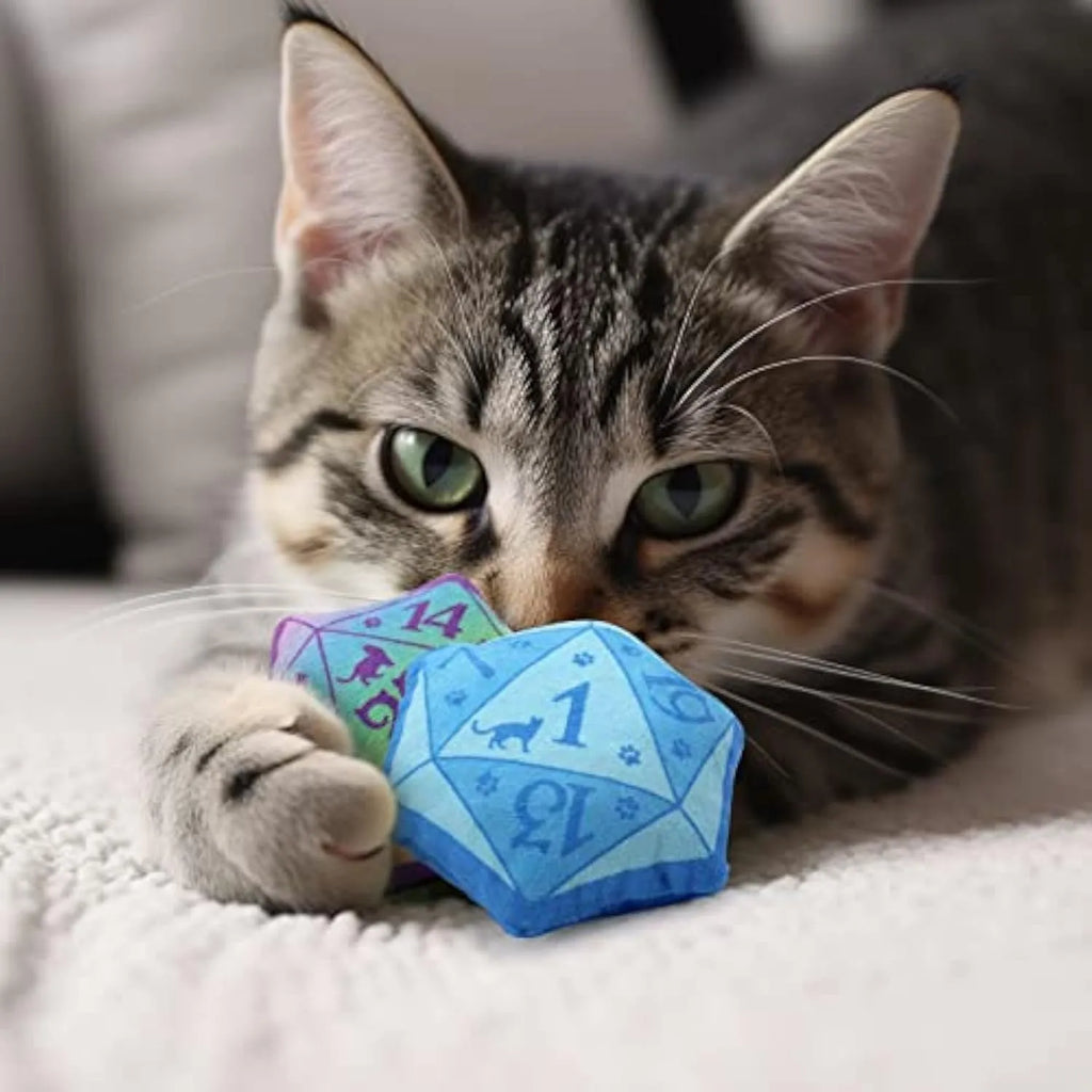 Soft plush dice-shaped cat toy in multiple colour options including blue and gradient purple.