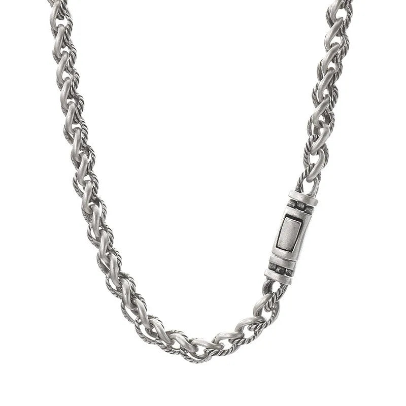 Men's titanium steel keel chain necklace in antique silver with large hemp flowers chain and geometric design.