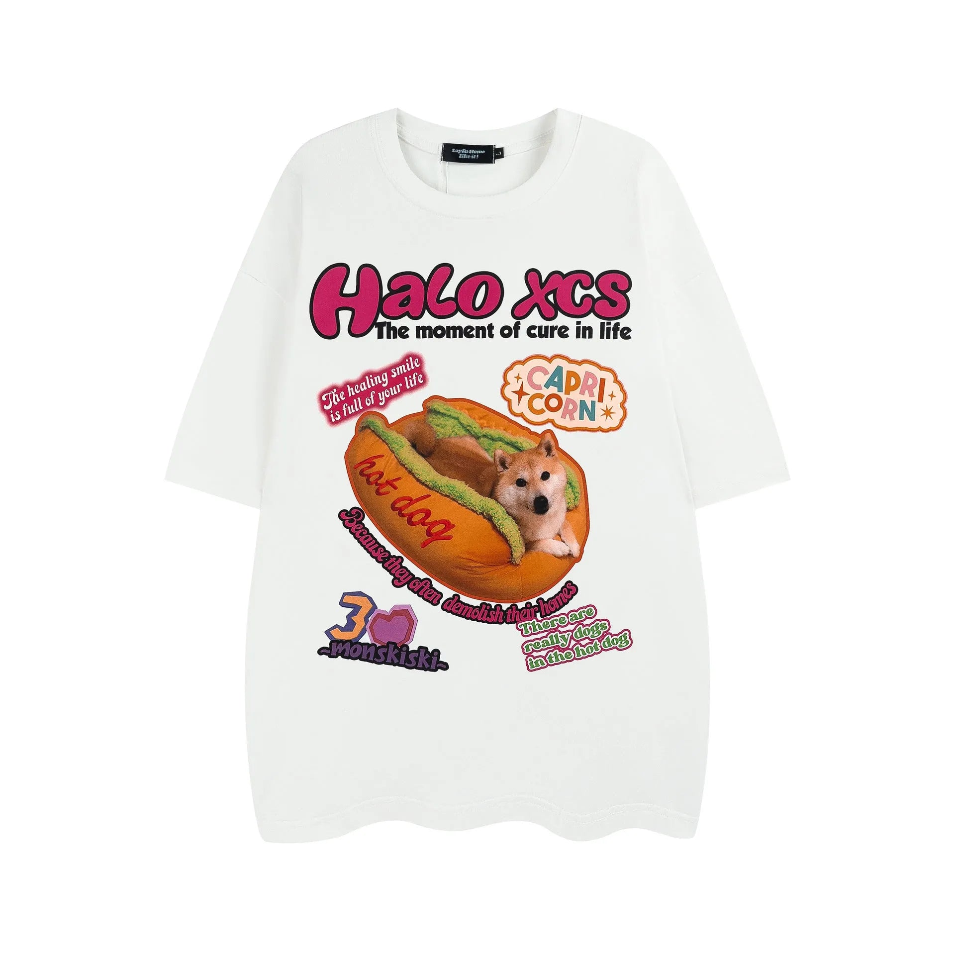 Cartoon hamburger dog printed cotton T-shirt in loose fit casual style