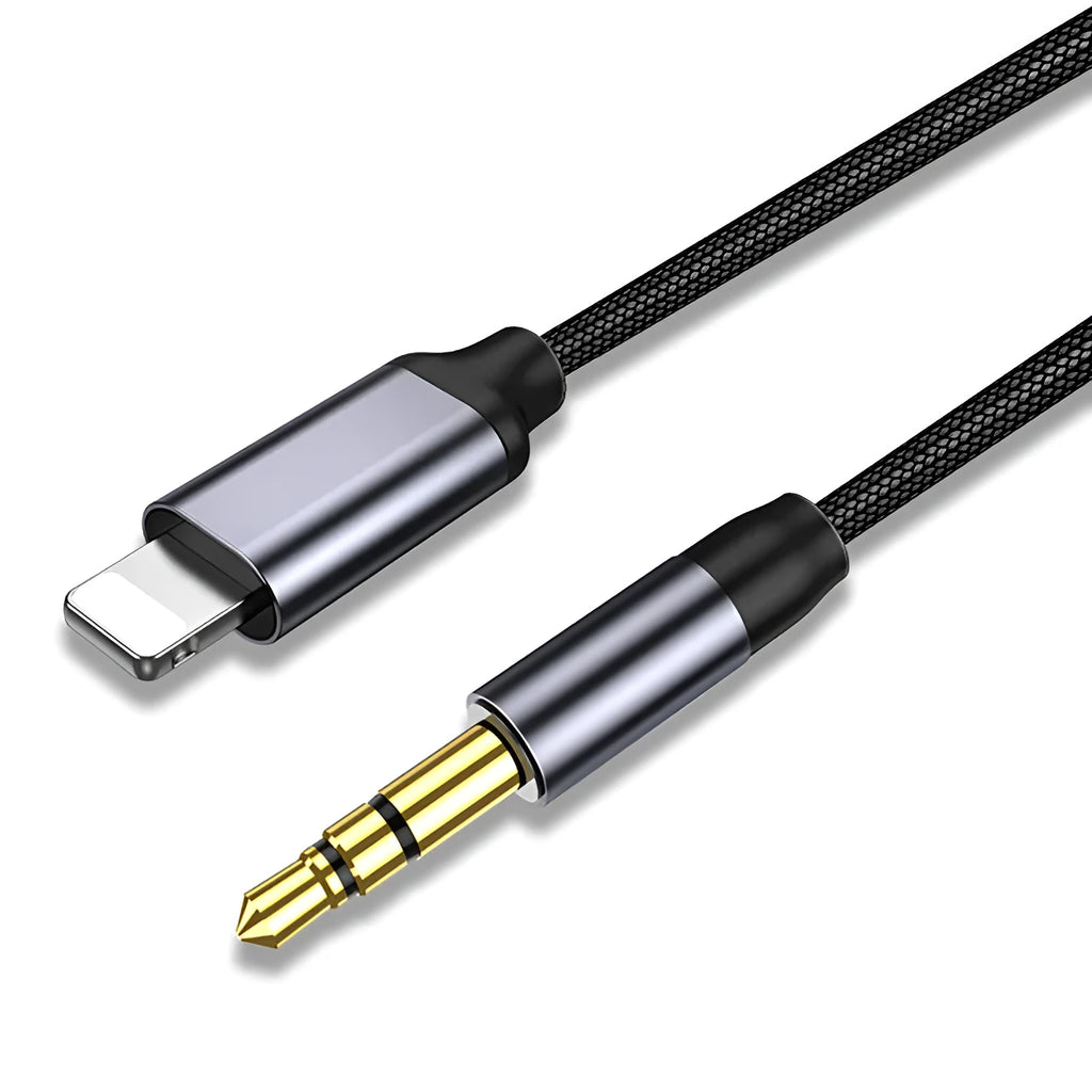 Silver nylon braided audio cable with 3.5mm connectors in three length options