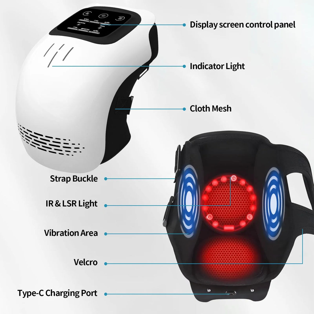 White electric knee massager showing kneading mechanisms and control buttons