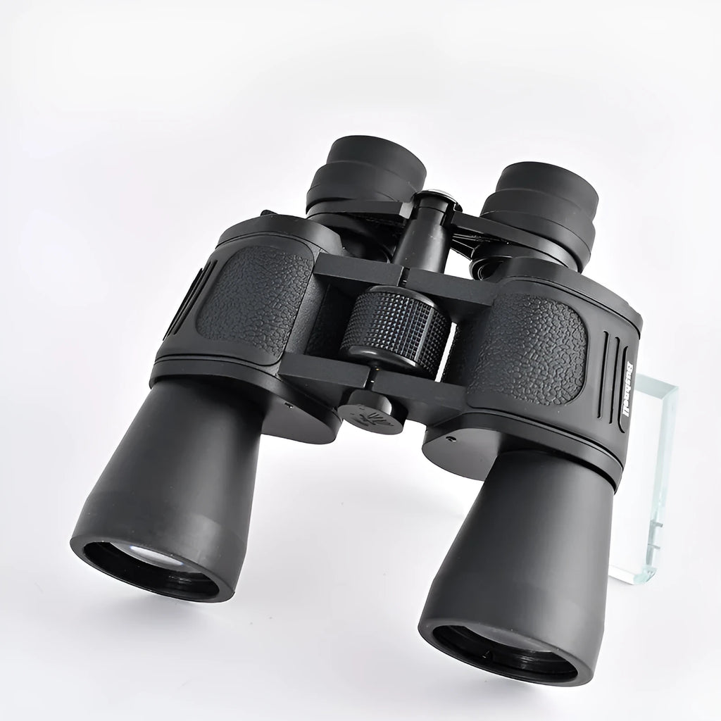 Black outdoor telescope binoculars with large 100mm objective lenses and continuous zoom control.