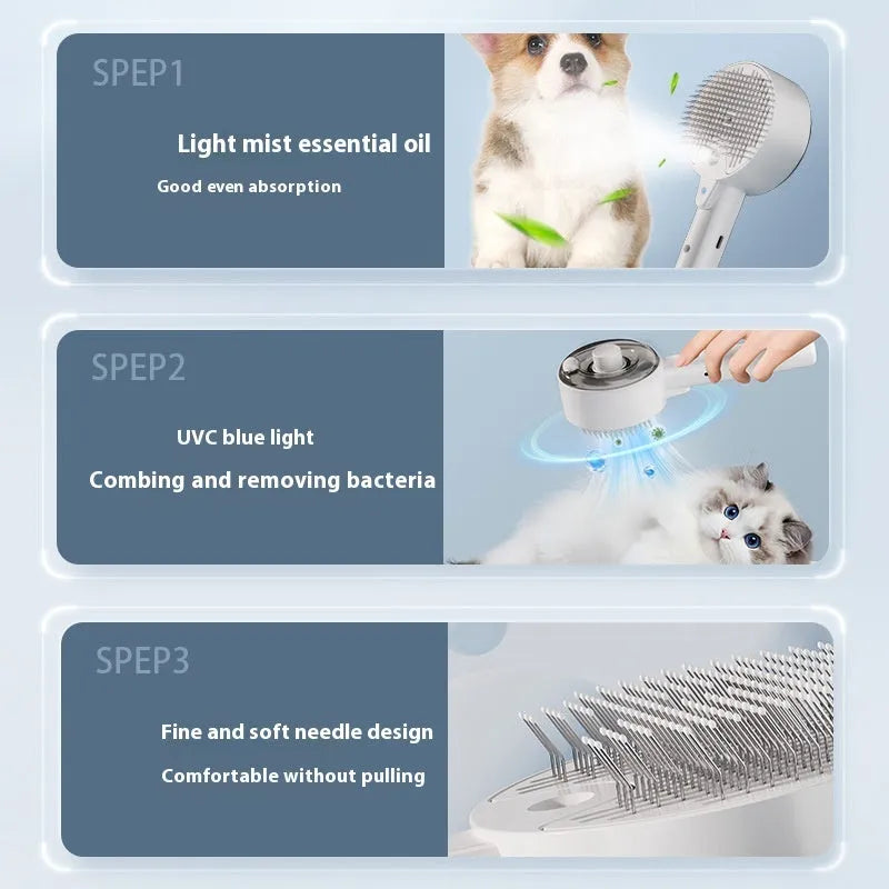 Ceramic white pet grooming brush with mist spray nozzle, UV blue light, and fine needle comb for dogs and cats.