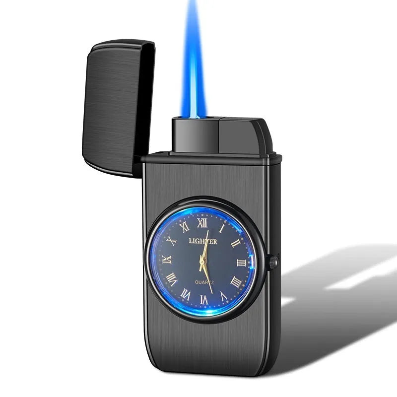 Metal electronic watch cigarette lighter with LED flashing lamp in black brushed finish