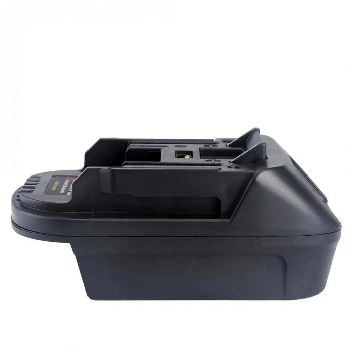 Black Milwaukee DM18M to Makita H99F battery adapter showing connection terminals