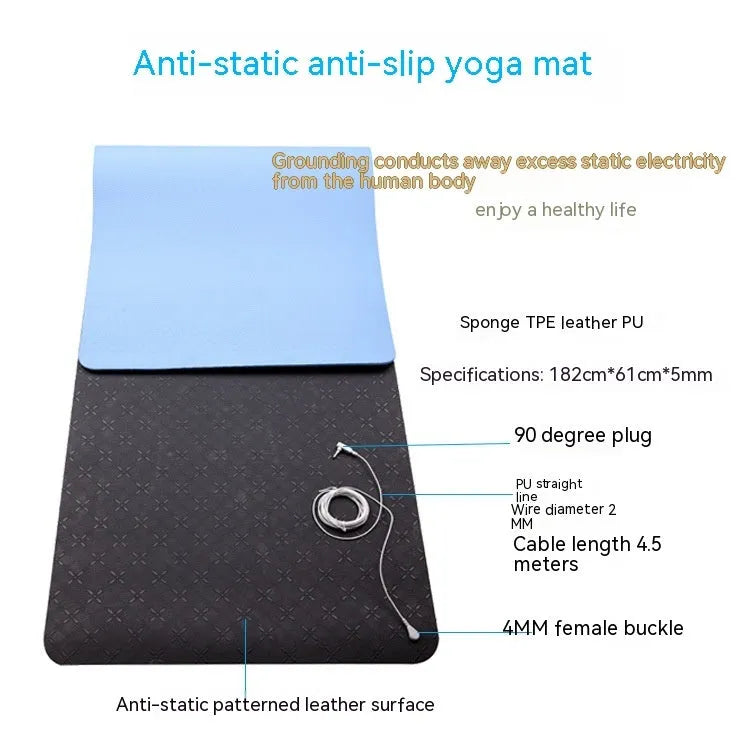 Blue conductive yoga mat with grounding wire, showing plant pattern and 182cm length.