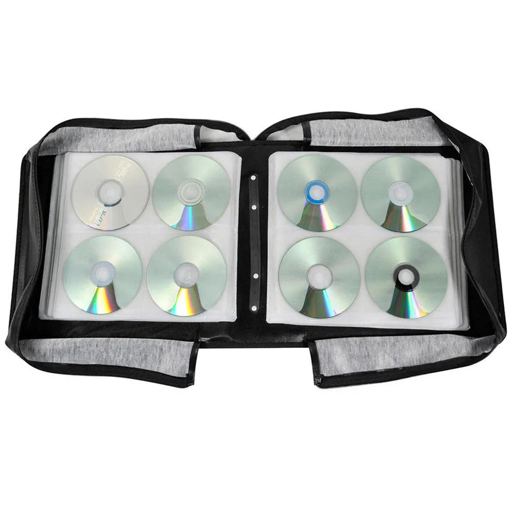 Black Oxford fabric CD storage binder with zipper and a top carry strap
