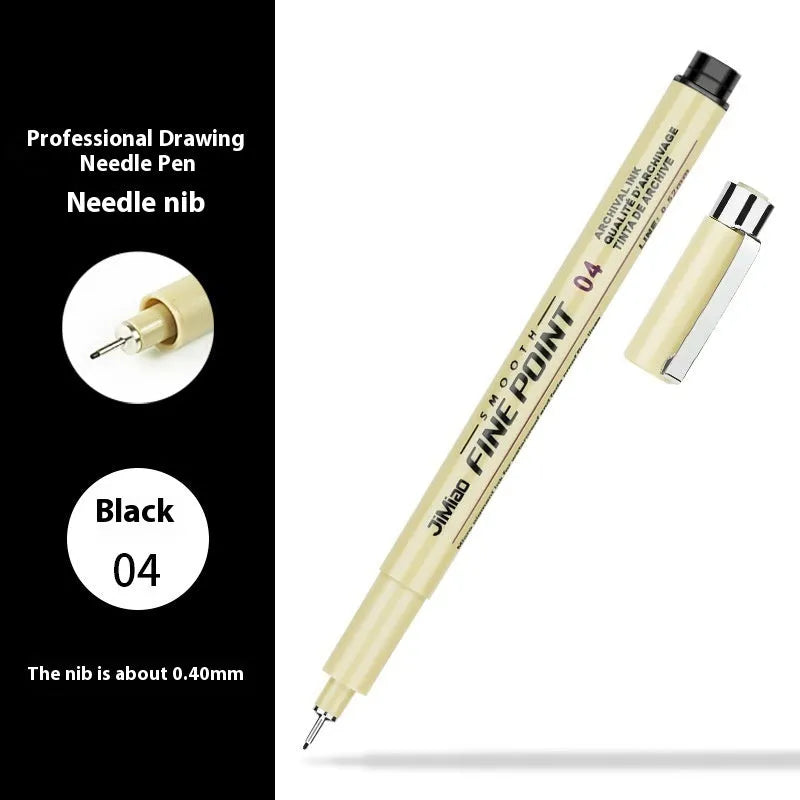 Cartoon sketch needle drawing pen with hand-drawn syringe design, black refill, 133mm plastic body
