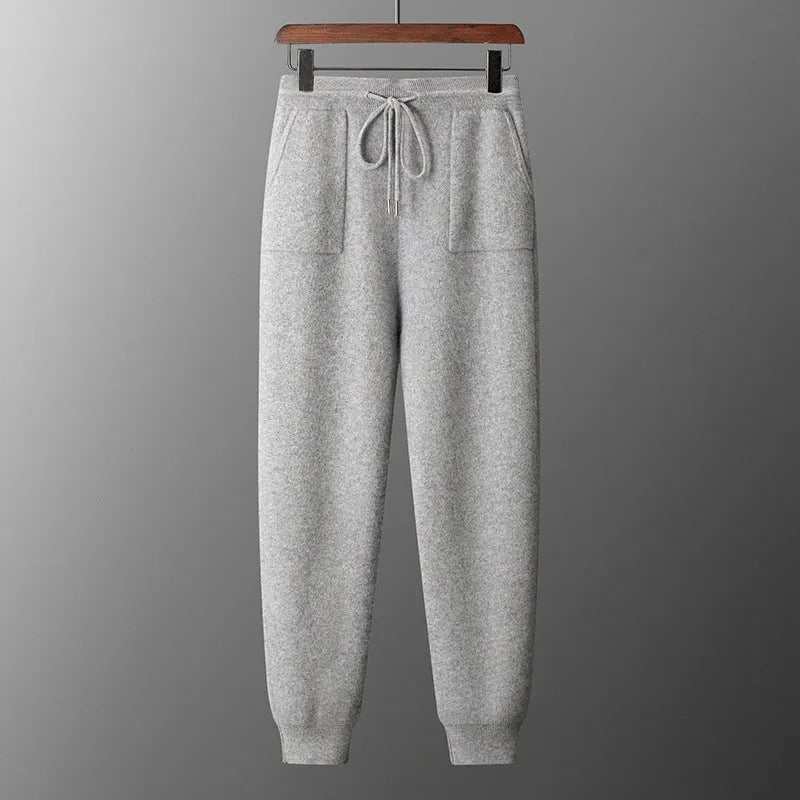 Men's grey hooded cashmere sweater and trousers set for winter casual wear