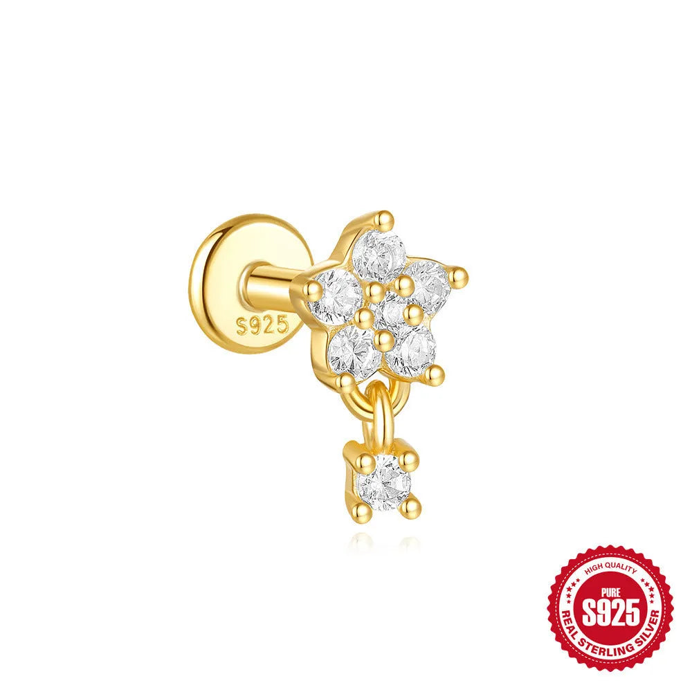 S925 sterling silver moon and star shaped earrings with embedded diamond details in a gold tone finish.