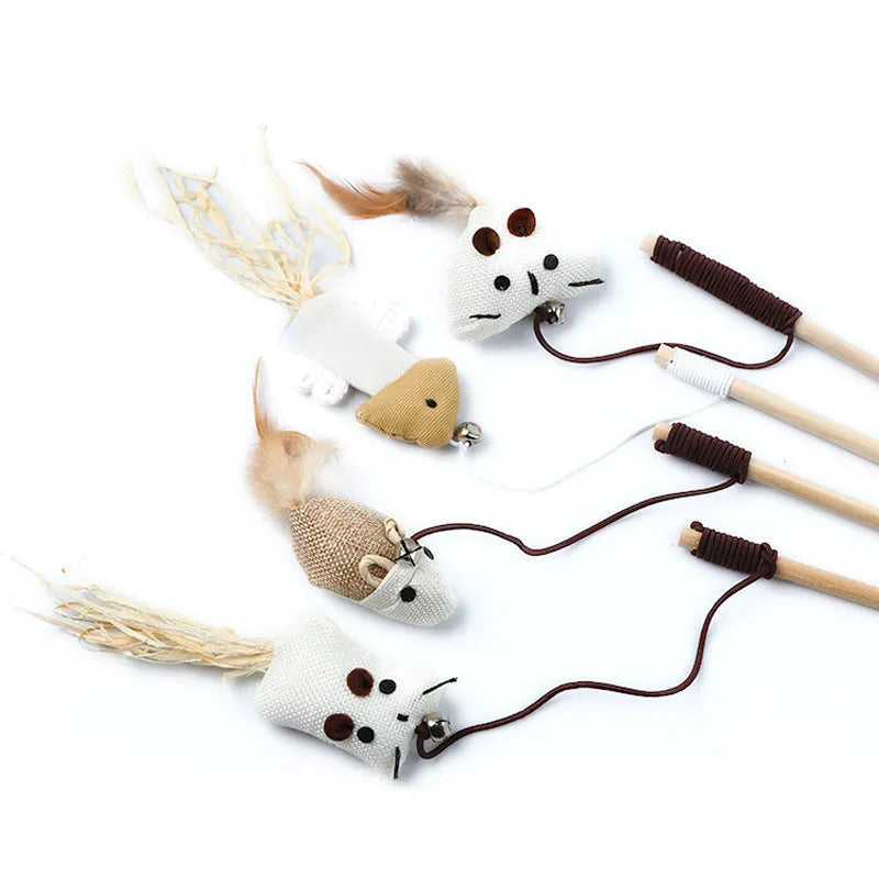 Cat teaser wand toy with wooden pole, cotton string and bell in single-opp style options