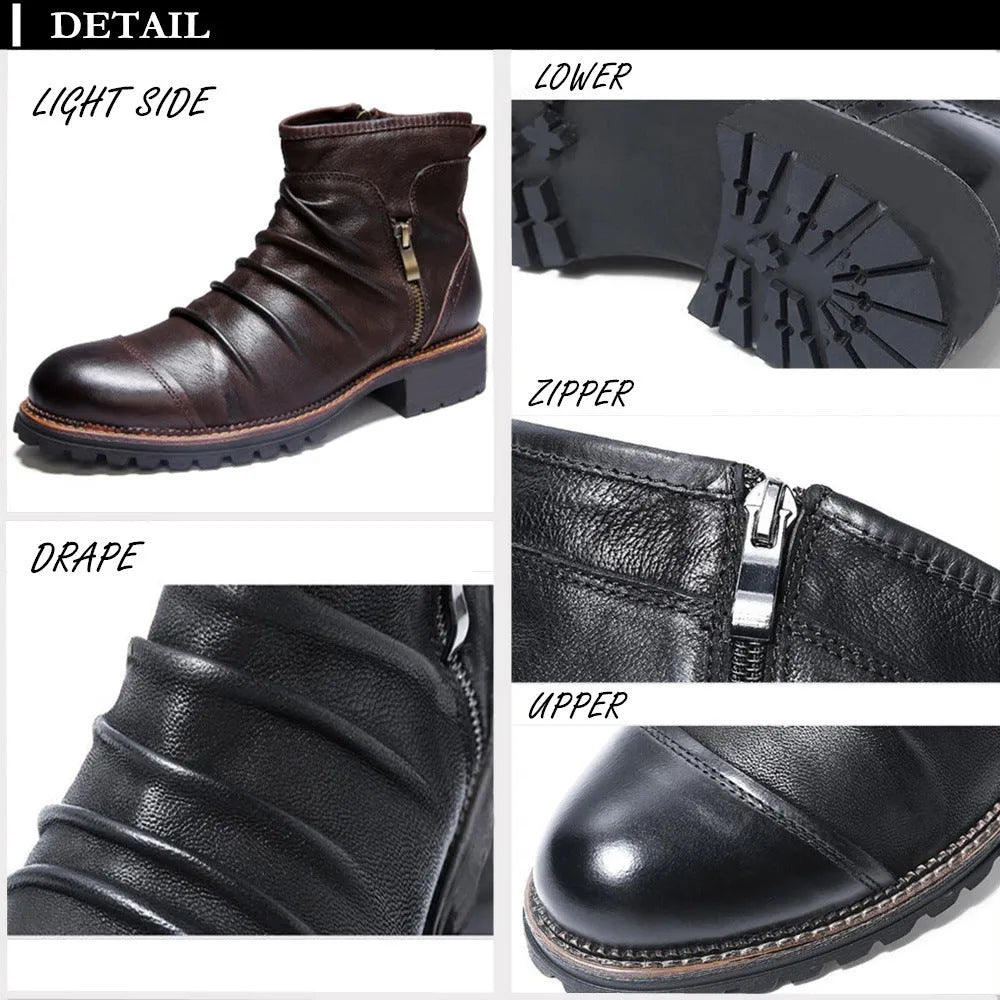 Black cowboy boots with side zip and embossed artificial PU leather upper, showing round toe and horseshoe heel