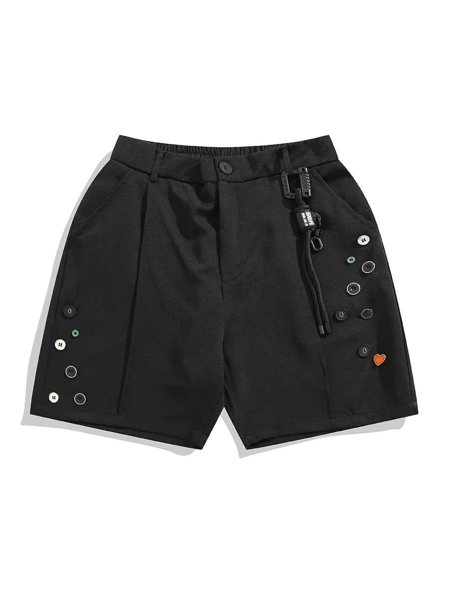 Black men's casual shorts with a semi-elastic waistband and straight-leg loose fit.