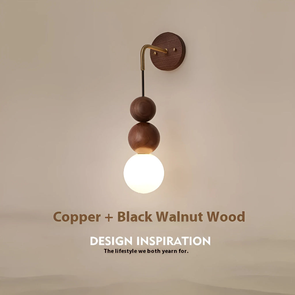 Walnut wood and copper wall lamp with suspension wire and tricolour lighting