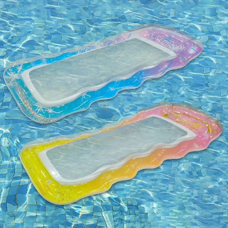 Thick PVC inflatable floating row with colourful sequins and mesh design on blue water