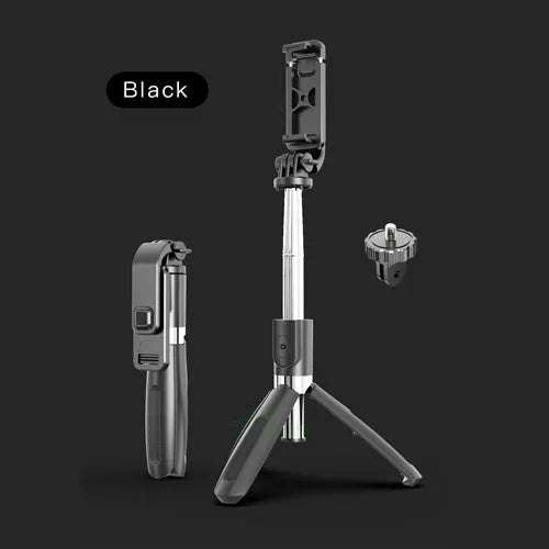 Black Bluetooth selfie stick with wireless remote, extended next to its tripod base.